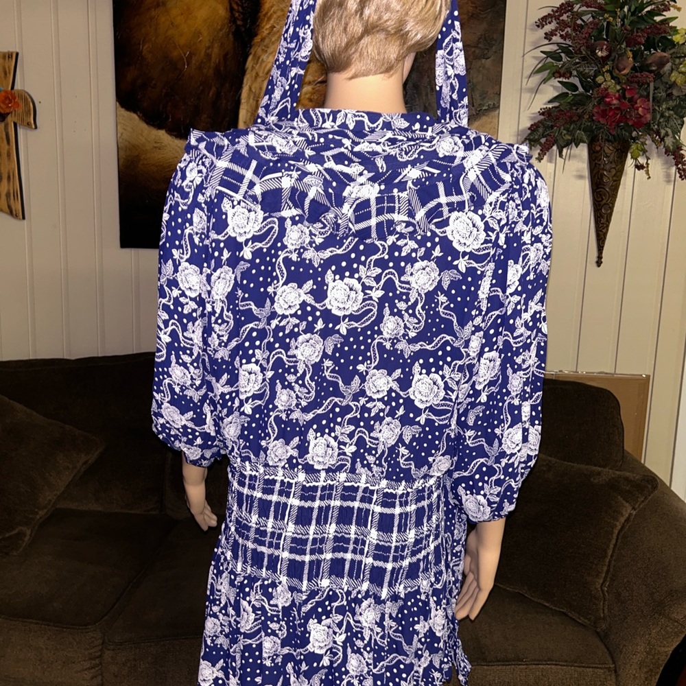 Diane Freis ~ Large ~ Vintage ~ Blue/White • Floral W/ Ruffles & Tie Boho Dress - Picture 14 of 16